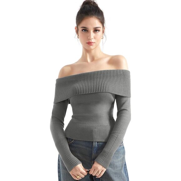 Sweaters - Women Hemp Gray Off Shoulder Long Sleeve Tops Blouse Sweaters